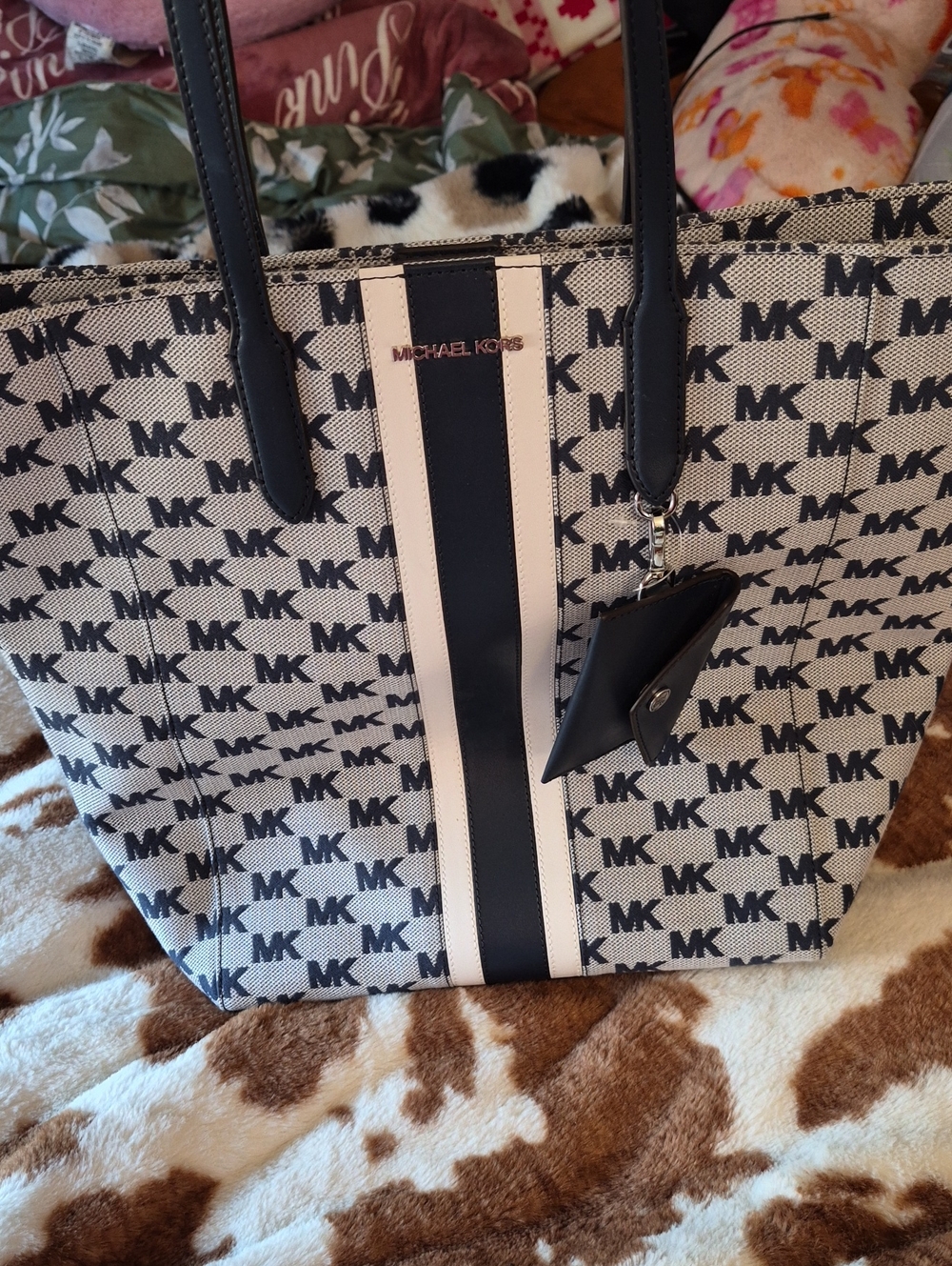 Michael Kors Vincent Navy and White Logo Stripe Tote